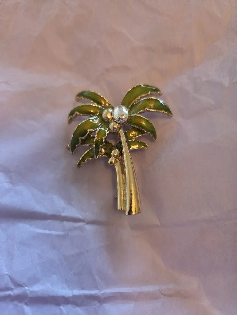 Vintage Palm Tree Brooch in Green Enamel and Gold Tone